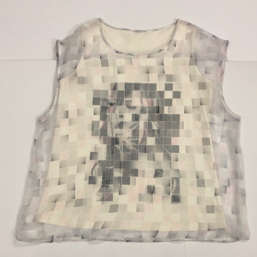 Riani 10 Top Sleeveless Blouse Grey Cream White Pink Sheer Lined Abstract Design